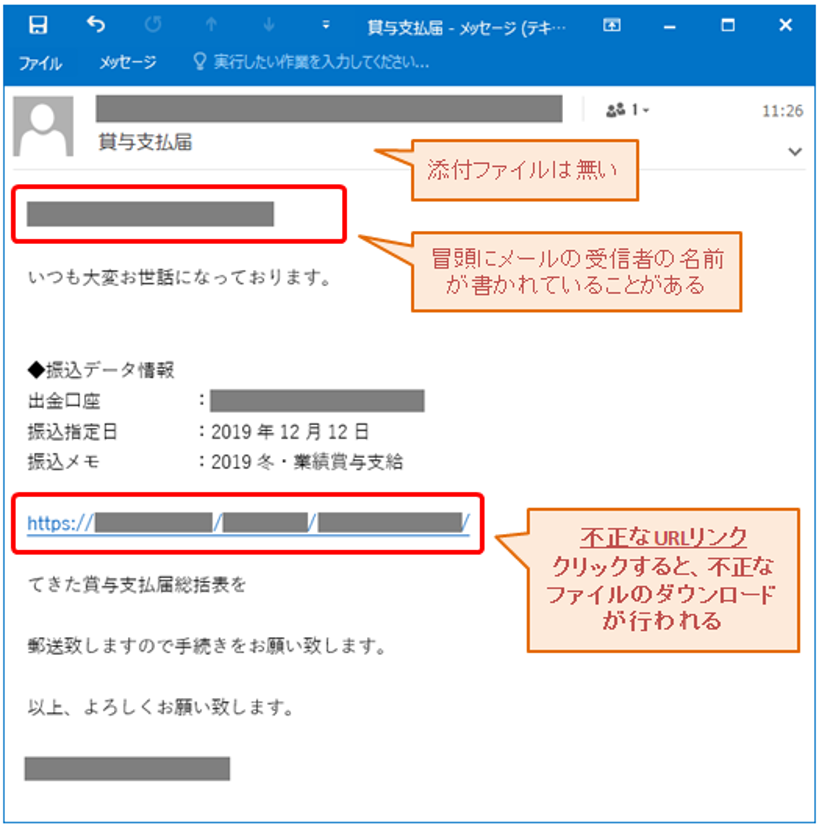 賞与支払いメールを装った不審メール