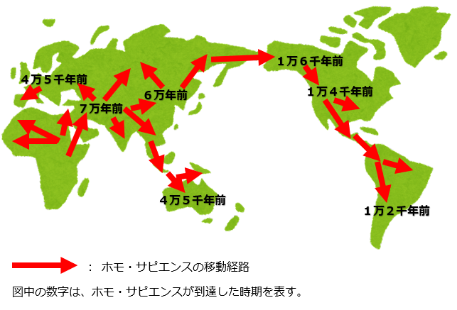 ホモ・サピエンスの移動経路の説明画像