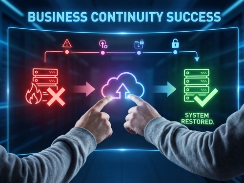 クラウドバックアップとシステム復元により、ビジネス継続性を実現する様子